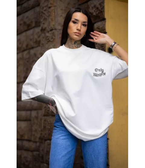 Unisex Bisiklet Yaka Baskılı Oversize T-Shirt - Beyaz
