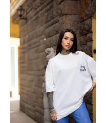 Unisex Bisiklet Yaka Baskılı Oversize T-Shirt - Beyaz