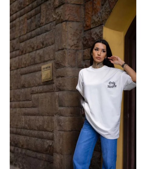 Unisex Bisiklet Yaka Baskılı Oversize T-Shirt - Beyaz