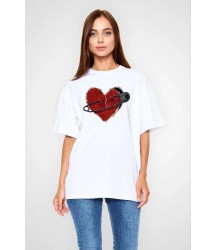 Unisex Bisiklet Yaka Baskılı Oversize T-Shirt - Beyaz