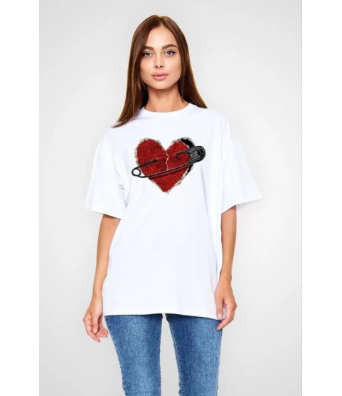 Unisex Bisiklet Yaka Baskılı Oversize T-Shirt - Beyaz