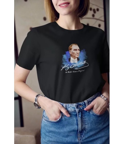 Unisex Bisiklet Yaka Baskılı Oversize T-Shirt - Siyah