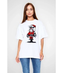 Unisex Bisiklet Yaka Baskılı Oversize T-Shirt - Beyaz
