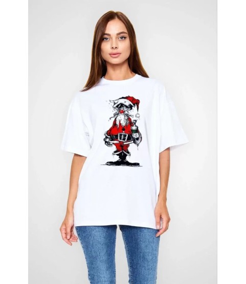 Unisex Bisiklet Yaka Baskılı Oversize T-Shirt - Beyaz