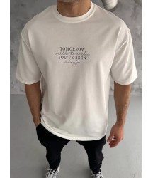 Unisex Bisiklet Yaka Baskılı Oversize T-Shirt - Beyaz