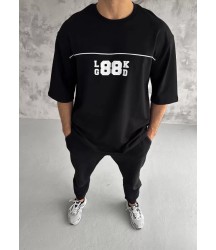 Unisex Bisiklet Yaka Baskılı Oversize T-Shirt - Siyah