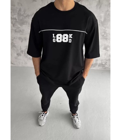 Unisex Bisiklet Yaka Baskılı Oversize T-Shirt - Siyah