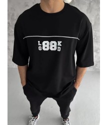Unisex Bisiklet Yaka Baskılı Oversize T-Shirt - Siyah