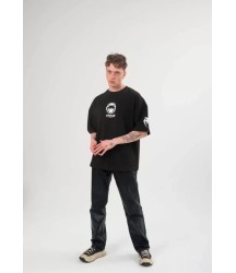 Unisex Bisiklet Yaka Baskılı Oversize T-Shirt - Siyah