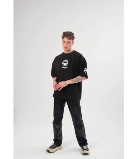 Unisex Bisiklet Yaka Baskılı Oversize T-Shirt - Siyah