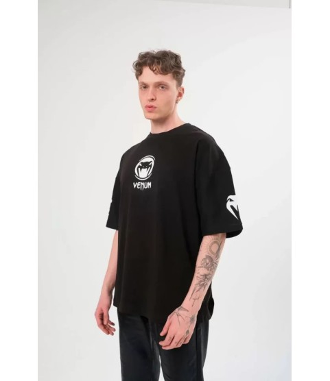 Unisex Bisiklet Yaka Baskılı Oversize T-Shirt - Siyah