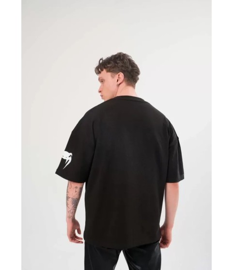 Unisex Bisiklet Yaka Baskılı Oversize T-Shirt - Siyah