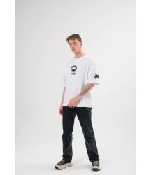 Unisex Bisiklet Yaka Baskılı Oversize T-Shirt - Beyaz
