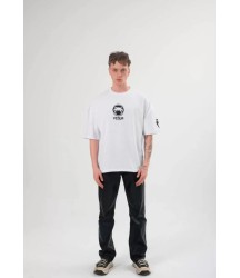 Unisex Bisiklet Yaka Baskılı Oversize T-Shirt - Beyaz