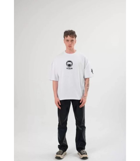 Unisex Bisiklet Yaka Baskılı Oversize T-Shirt - Beyaz