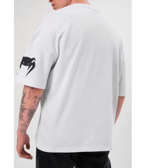 Unisex Bisiklet Yaka Baskılı Oversize T-Shirt - Beyaz