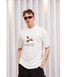 Unisex Bisiklet Yaka Baskılı Oversize T-Shirt - Siyah