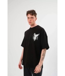 Unisex Bisiklet Yaka Baskılı Oversize T-Shirt - Siyah