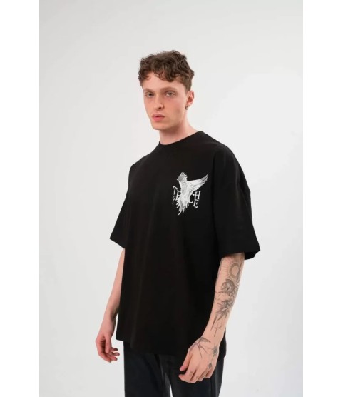 Unisex Bisiklet Yaka Baskılı Oversize T-Shirt - Siyah
