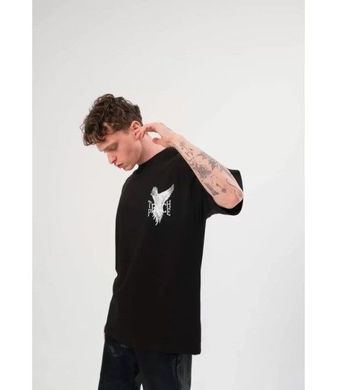 Unisex Bisiklet Yaka Baskılı Oversize T-Shirt - Siyah