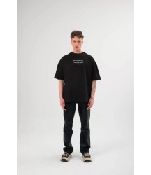 Unisex Bisiklet Yaka Baskılı Oversize T-Shirt - Siyah