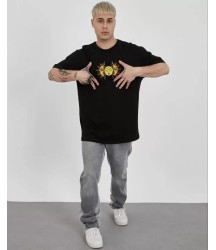 Unisex Bisiklet Yaka Baskılı Oversize T-Shirt - Siyah
