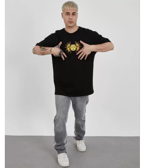 Unisex Bisiklet Yaka Baskılı Oversize T-Shirt - Siyah
