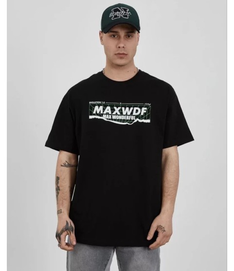 Unisex Bisiklet Yaka Baskılı Oversize T-Shirt - Siyah