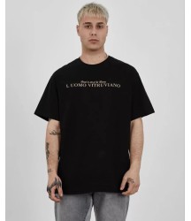 Unisex Bisiklet Yaka Baskılı Oversize T-Shirt - Siyah
