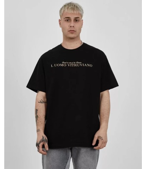 Unisex Bisiklet Yaka Baskılı Oversize T-Shirt - Siyah