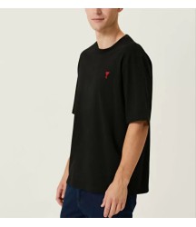 Unisex Bisiklet Yaka Baskılı Oversize T-Shirt - Siyah