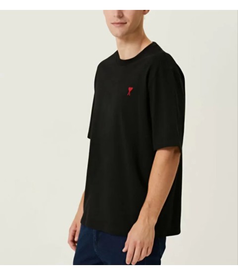 Unisex Bisiklet Yaka Baskılı Oversize T-Shirt - Siyah