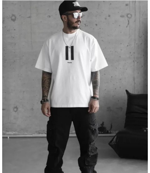 Unisex Bisiklet Yaka Baskılı Oversize T-Shirt - Beyaz
