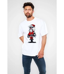 Unisex Bisiklet Yaka Baskılı Oversize T-Shirt - Beyaz