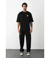 Unisex Bisiklet Yaka Baskılı Oversize T-Shirt - Siyah
