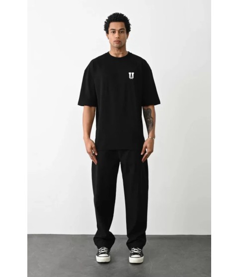 Unisex Bisiklet Yaka Baskılı Oversize T-Shirt - Siyah