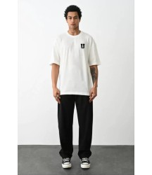 Unisex Bisiklet Yaka Baskılı Oversize T-Shirt - Beyaz