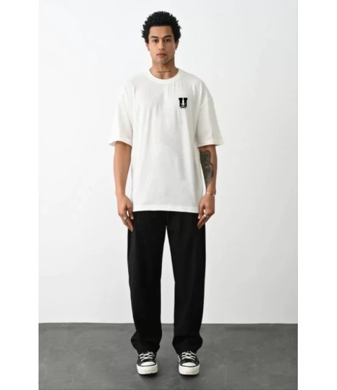 Unisex Bisiklet Yaka Baskılı Oversize T-Shirt - Beyaz
