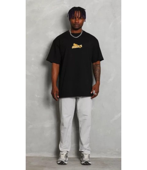 Unisex Bisiklet Yaka Baskılı Oversize T-Shirt - Siyah