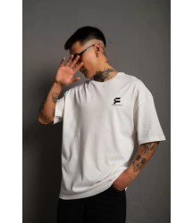 Unisex Bisiklet Yaka Baskılı Oversize T-Shirt - Beyaz