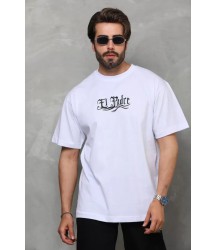 Unisex Bisiklet Yaka Baskılı Oversize T-Shirt - Beyaz