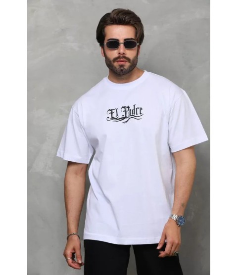 Unisex Bisiklet Yaka Baskılı Oversize T-Shirt - Beyaz