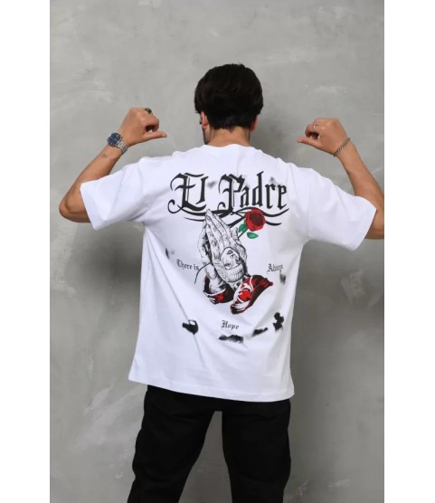 Unisex Bisiklet Yaka Baskılı Oversize T-Shirt - Beyaz
