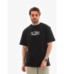 Unisex Bisiklet Yaka Baskılı Oversize T-Shirt - Siyah