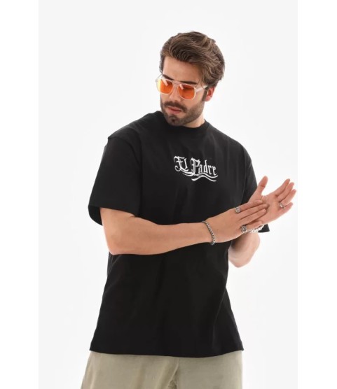 Unisex Bisiklet Yaka Baskılı Oversize T-Shirt - Siyah