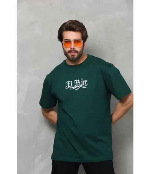 Unisex Bisiklet Yaka Baskılı Oversize T-Shirt - Yeşil