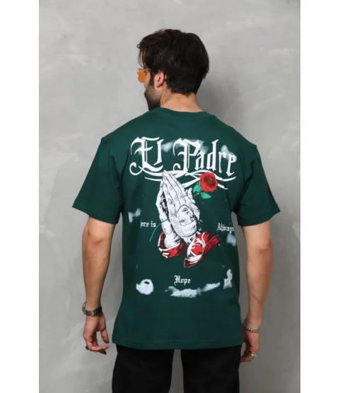 Unisex Bisiklet Yaka Baskılı Oversize T-Shirt - Yeşil