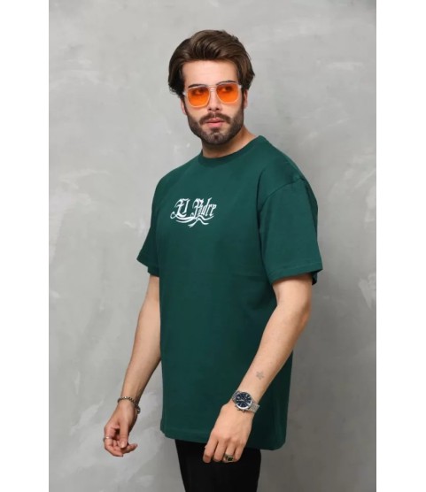Unisex Bisiklet Yaka Baskılı Oversize T-Shirt - Yeşil