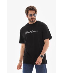 Unisex Bisiklet Yaka Baskılı Oversize T-Shirt - Siyah