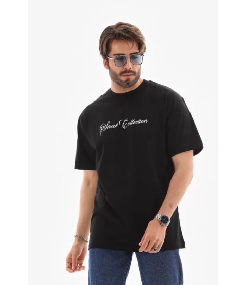 Unisex Bisiklet Yaka Baskılı Oversize T-Shirt - Siyah
